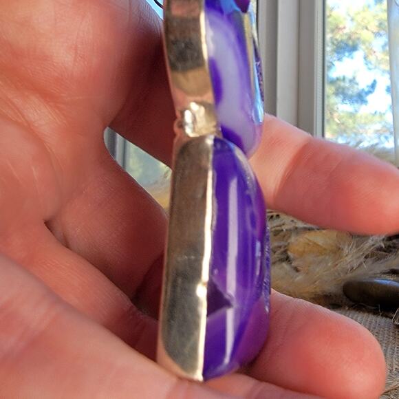 Purple Agate Geode Pendant Sterling Silver, Handmade Boho Crystal Jewelry - Picture 7 of 10